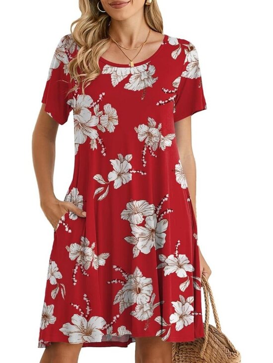 Dresses & Skirts - Women's Floral Red Casual Loose Swing Tunic Short Sleeve Sun Mini Shirt Dress